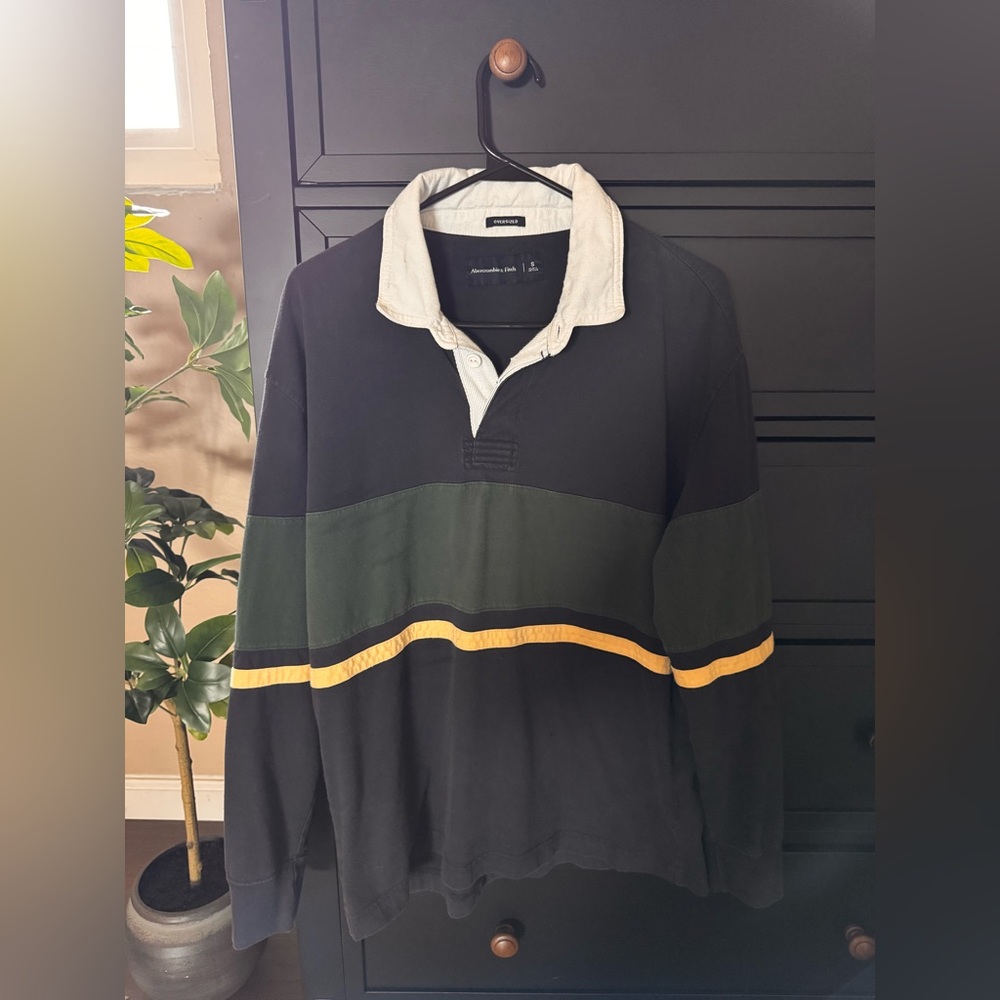 Abercrombie & Fitch Navy and Green Rugby Shirt